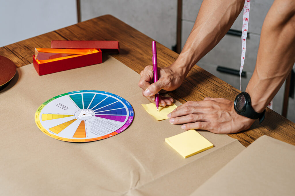 A contractor reviewing a color wheel before proceeding with exterior house painting near me.