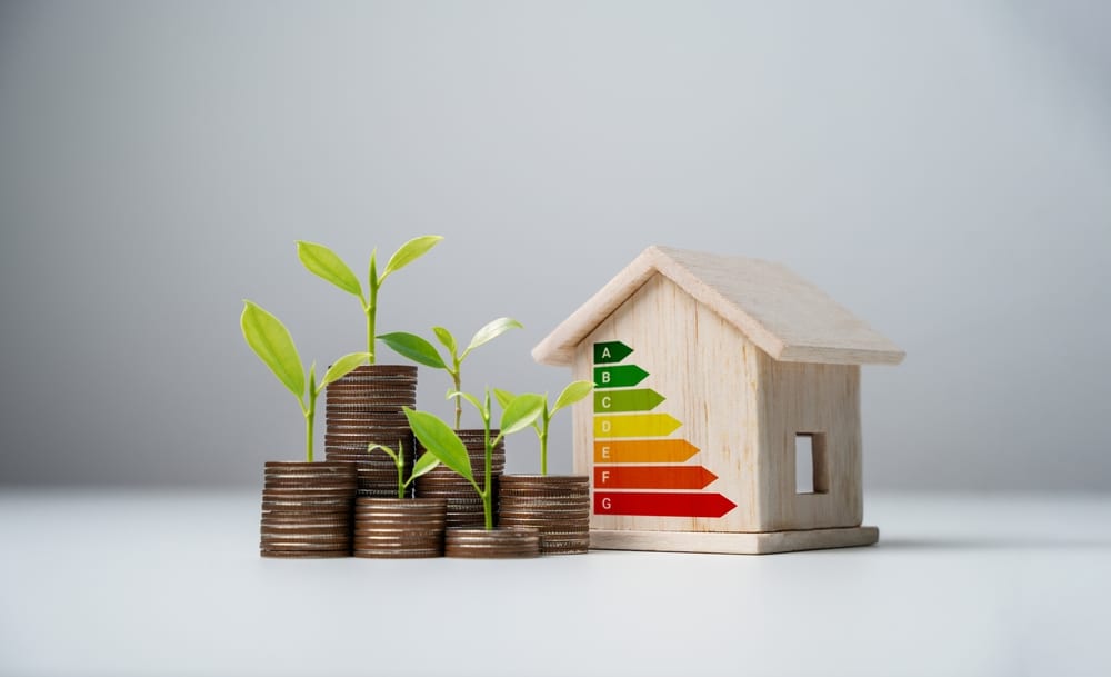 Stacks of coins with green seedlings growing from them next to a wooden house model displaying an energy efficiency rating chart, symbolizing the financial and environmental benefits of using energy saving paint in home improvement.