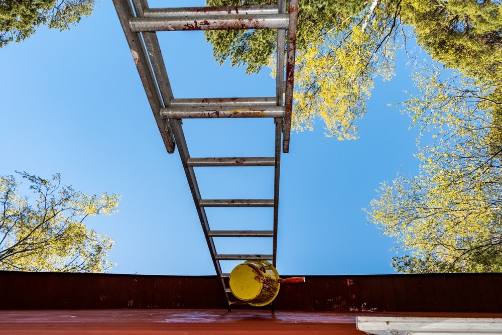 View from below showing a metal ladder leaning against a red commercial building with a yellow paint bucket, surrounded by trees and blue sky — visual context for the question: Is painting a commercial building considered a capital improvement.