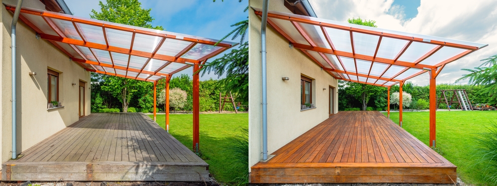 Side-by-side comparison of a backyard deck before and after treatment, highlighting the dramatic color and finish difference. The left side shows a weathered, untreated deck, while the right side displays a richly stained and sealed wood surface—ideal for homeowners asking, "should I stain or seal my deck" when deciding how to protect and enhance their outdoor space.

